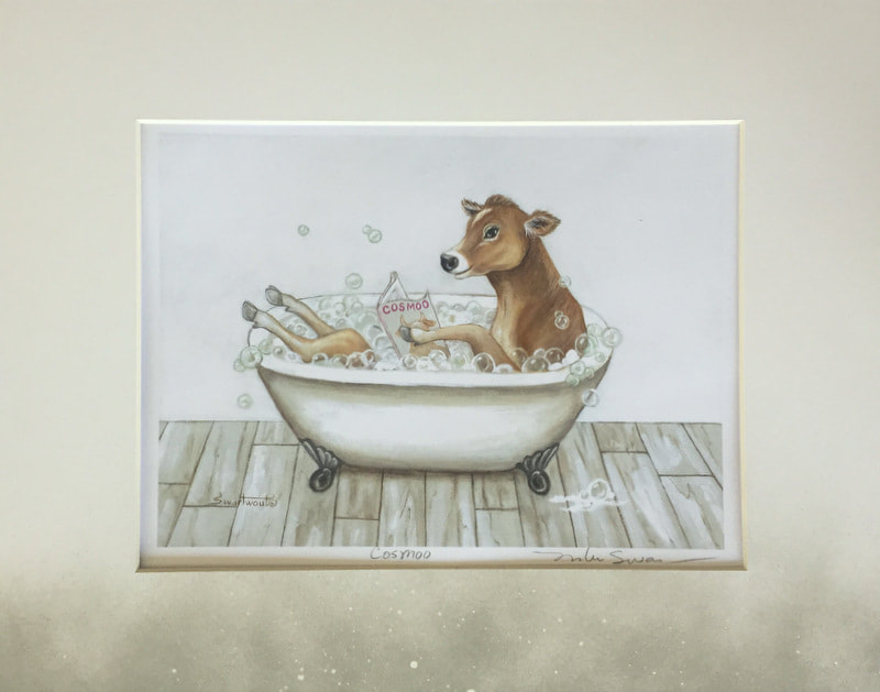 Cow in Bathtub Reading Cosmoo Painting catzooart