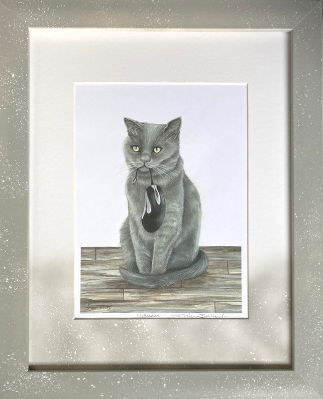 Cat holds Computer Mouse | Gray Kitty | catzooart